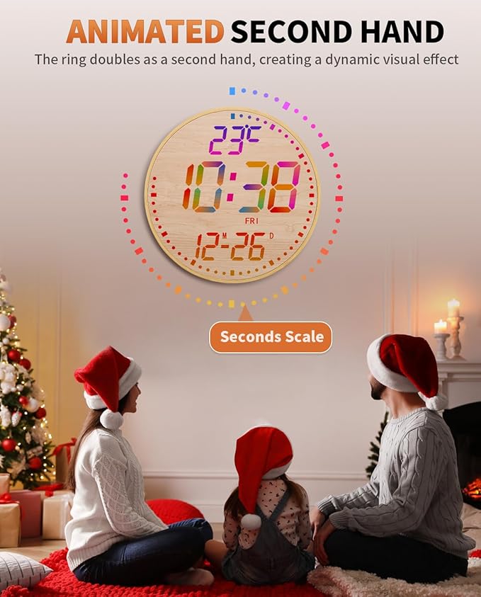 GLOKUUCA 12" Large Digital Wall Mount Clock, Count Down Timer, Alarm, Big LED, 12 RGB Color, Temperature for Living Room Classroom Desk (Bamboo Elements)