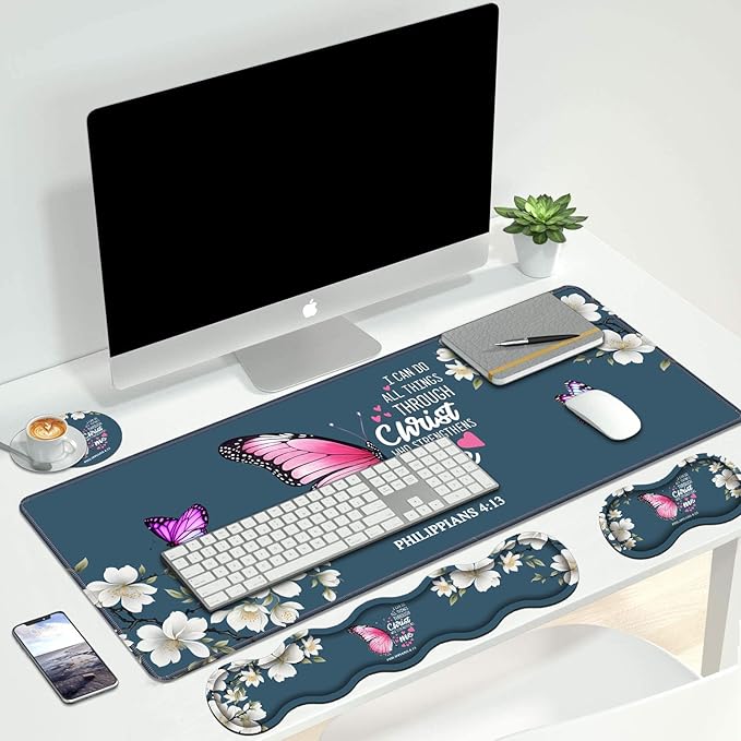 Ergonomic Keyboard Wrist Rest & Mouse Pad Wrist Rest Set, Large XXL Gaming Desk Mat 31.5"x 11.8" with Non-Slip Base for Home Office Study Gaming, Floral Butterfly Quote Bible Verse Philippians 4:13