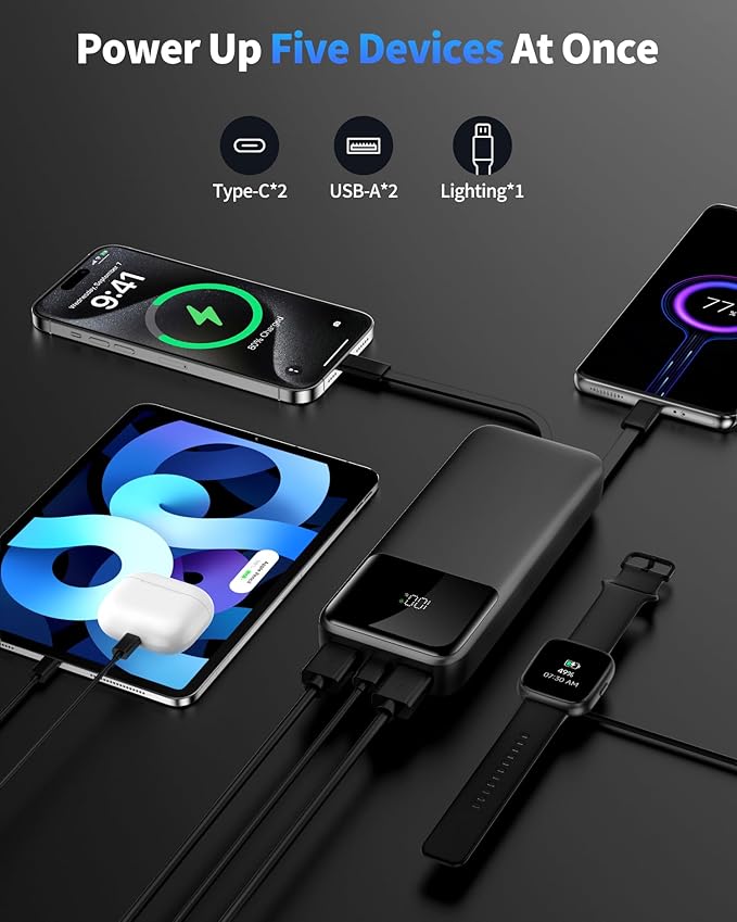Portable Charger, 40000mAh Power Bank 22.5W Fast Charging, Built-in 2 Output Cable, Type-C Mobile Charger 5 Devices Simultaneously LCD Display for iPhone and Android Phones and Most Electronic Devices