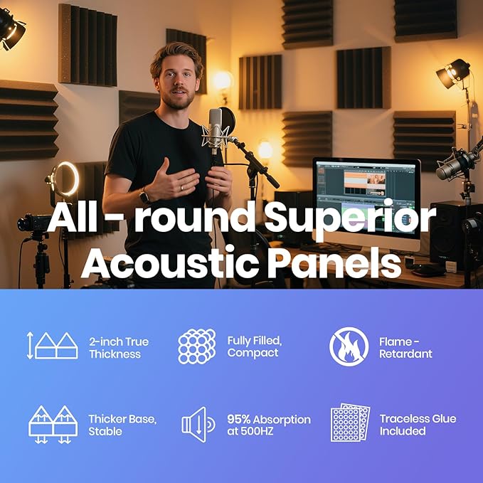 Focusound 16 Pack DIY Creative Art Decor Acoustic Foam Panels 2" x 12" x 12" Sound Proof Foam Panels Soundproofing Noise Cancelling Wedge Panels with 90PCS Reusable Double-Side Adhesive Dots