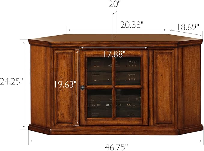 Opal Corner TV Stand for 50 Inch TVs, 46 Inch, Burnished Medium Oak, Space-Saving with Adjustable Shelf and Glass Door, Wood Entertainment Console – Leick Home, 88285