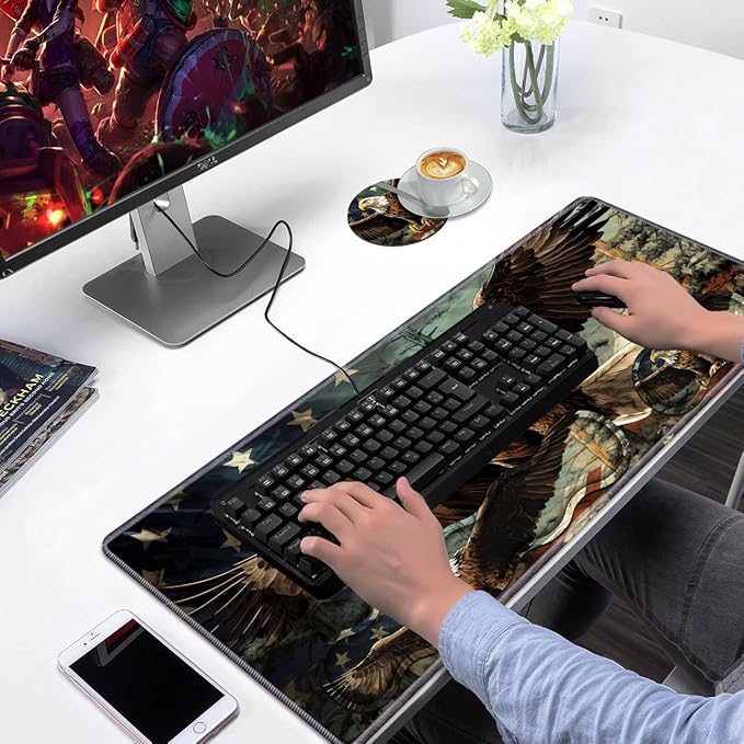 Ergonomic Keyboard Wrist Rest & Mouse Pad Wrist Rest Set,Large Gaming Desk Mat 31.5"x 11.8" with Non-Slip Base,Memory Foam,Easy Typing Pain Relief for Home & Office,Patriotic American Flag Bald Eagle