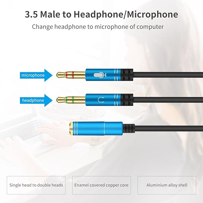 CANFON Headphone Splitter for Computer 3.5mm Female to 2 Dual 3.5mm Male Headphone Mic Audio Y Splitter Cable Smartphone Headset to PC Adapter(35CM, Black)