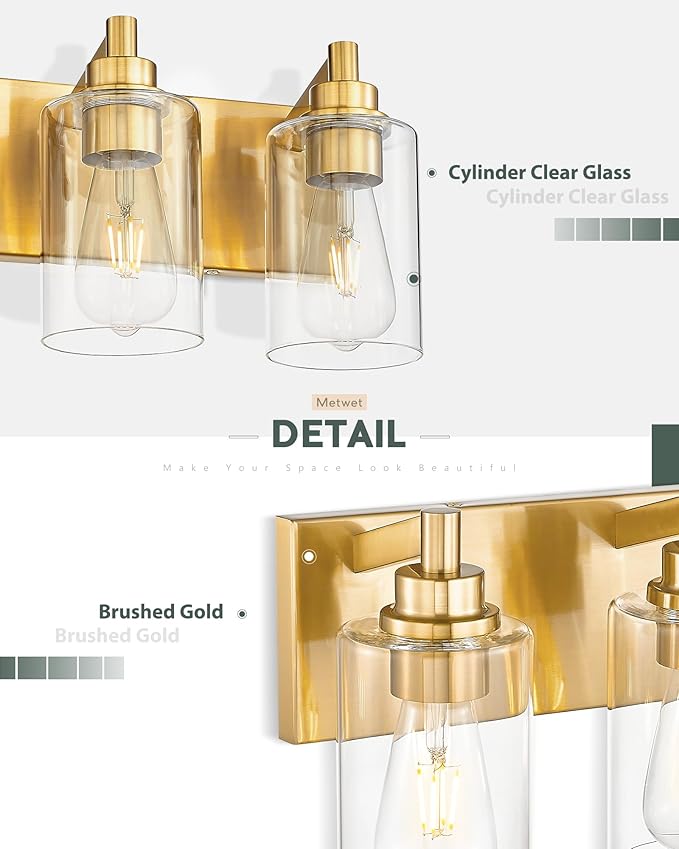 METWET 5-Light Bathroom Light Fixtures, 30 Inch Brushed Gold Vanity Light with Cylinder Clear Glass Shade, Modern Vanity Lighting Fixtures Over Mirror, VL143-BG-5