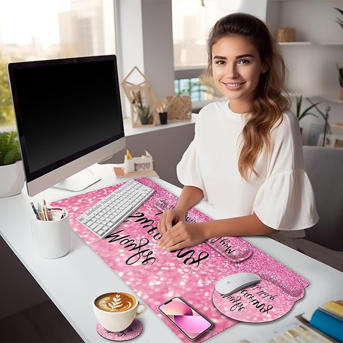 LIMKRIAN Pink Mouse Pad Set, Ergonomic Mouse Pad with Wrist Rest Keyboard Wrist Support, Large Desk Matt for Desktop, Gaming Mousepad Cup Coaster Set, Cute Pink Office Desk Accessories Decor Supplies