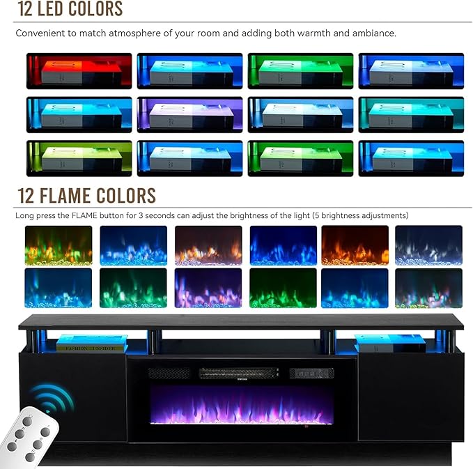 oneinmil 2 Tier TV Console Stand with 36" Electric Fireplace, LED Light Entertainment Center for TVs Up to 80" for The Living Room, 70", Black