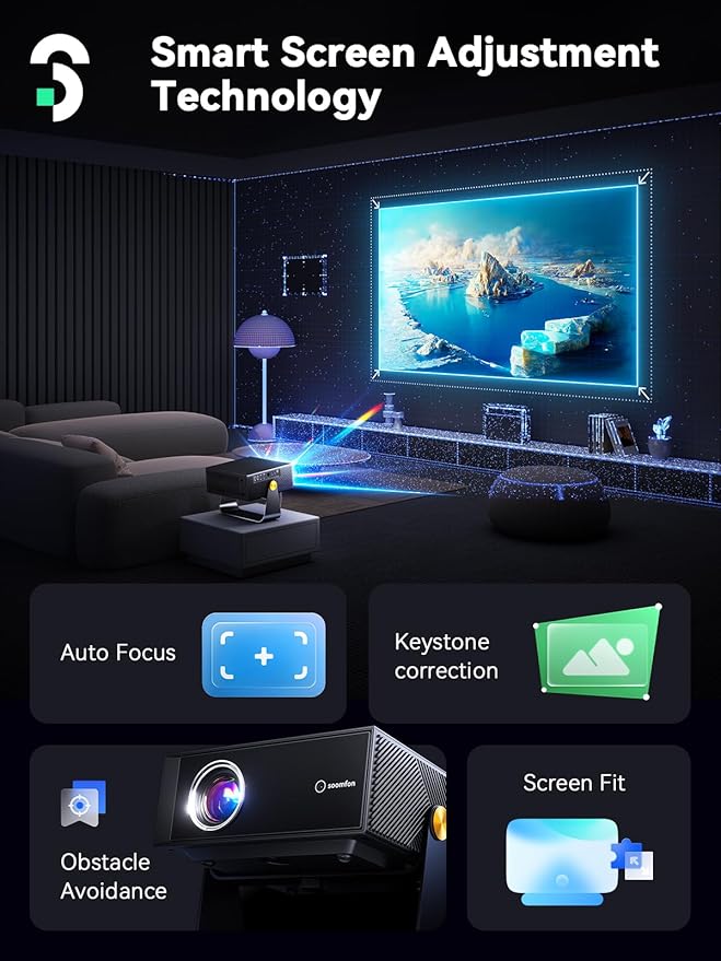 SOOMFON SK3 Smart Projector with WiFi and Bluetooth 1080P Native HDR10 - Portable Outdoor Movie Mini Projector with Stand Auto Focus & Keystone, Zoom for Home/Bedroom Compatible with Netflix
