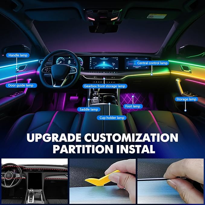 2026 Upgraded Car Ambient Lighting Kits Dreamcolor Acrylic Interior Car LED Strip Light with Wireless APP, RGB 22 in 1 Dynamic Chasing Music Sync LEDs Fiber Optic Strip Lights