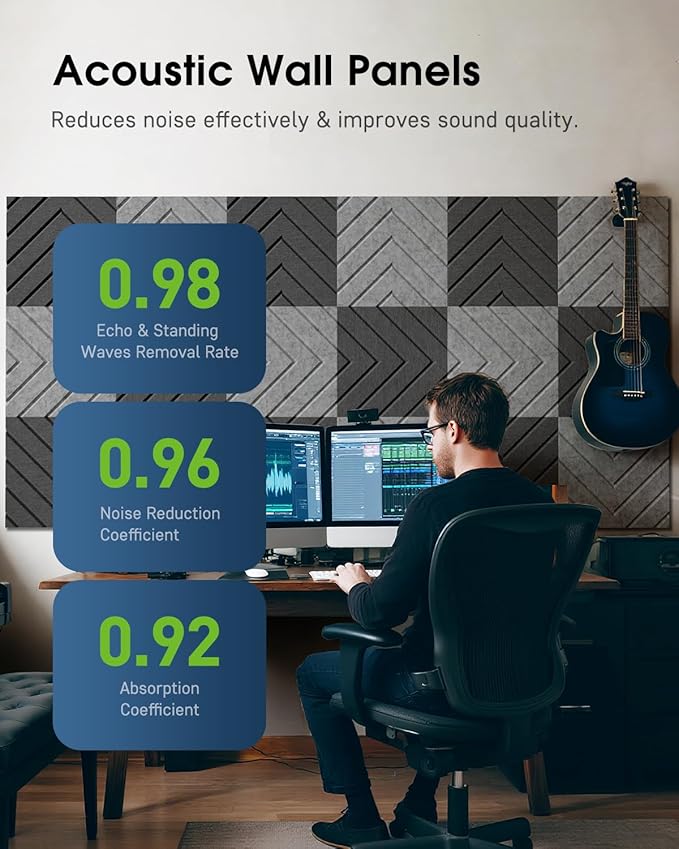Woovio Sound Proof Foam Panels for Walls, 12 Pack Self-Adhesive Acoustic Panels, 12" X 12" X 0.4" Soundproof Wall Panels for Door, Ceiling, Home Office White