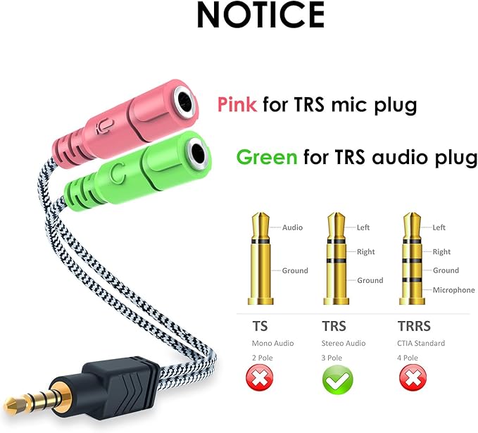 MillSO Headset Adapter, 3.3 Feet 3.5mm Mic and Audio Headphone Splitter (TRRS Male to 2 TRS Female) CTIA 4 Pole Stereo Jack Y Cable for Dual-Plug Headset to PS4, Xbox One, Phone, Laptop, PC