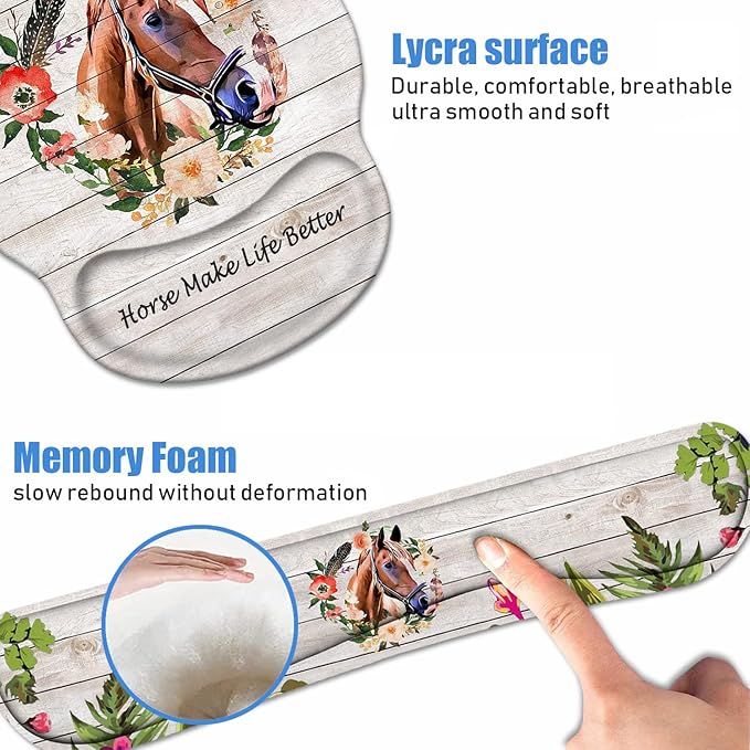 Keyboard Wrist Rest + Mouse Pad Wrist Support Set with Coasters, Non-Slip PU Base Ergonomic Mousepad for Home Office Working Studying Easy Typing & Pain Relief, Horse Theme, Horses Make Life Better