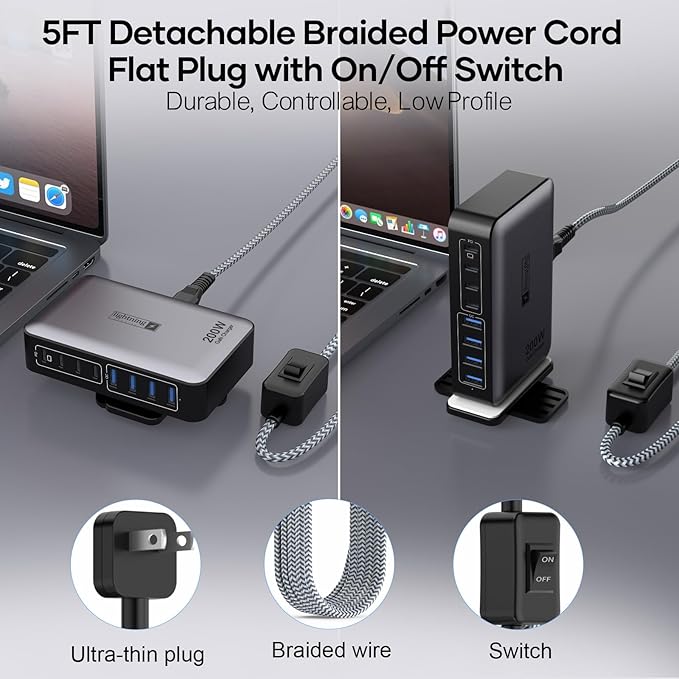 USB C Fast Charger Block 200W, 8 Ports Charging Station for iPhone/Ipad/MacBook, 4C4A GaN Charger Box, Flat Plug Multi Chargers for All Devices 5ft Braided Power Cord with On/Off Switch