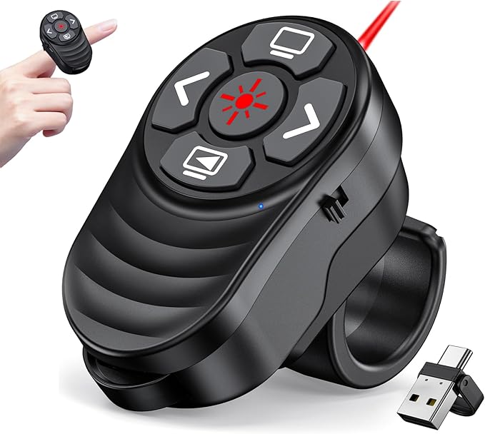 Dinofire USB Type C Wireless Presenter Remote Presentation Laser Pointer Finger Ring PowerPoint Clicker-Slide Advancer for Mac Laptop Class Office