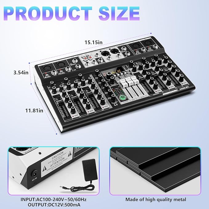 8 Channel Audio Mixer DJ Mixer Sound Board Console 16 Dsp USB Audio Interface MP3 Input +48V Phantom Bluetooth Studio Mixer Audio For Karaoke Streaming Recording