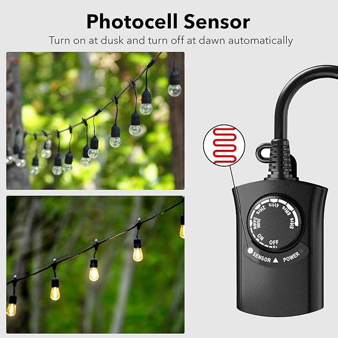 HBN Outdoor Light Timer Waterproof, Weatherproof Photocell Dusk to Dawn Light Sensor,2/4/6/8 Countdown Timer, 1 Grounded Outlet for Christmas Lights，Hallowen Deceration，1875W 15A 1/2HP