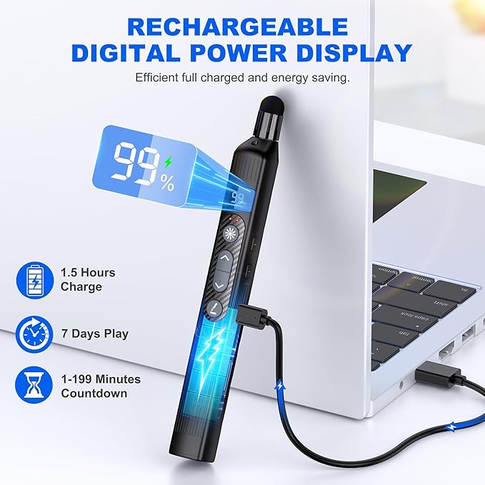 Wireless Presentation Clicker with Telescopic Pointer Stick,Rechargeable Presenter Remote Light Pointer with Touch Screen Stylus Pen and Digital Display,USB Slide Clicker for PowerPoint MAC PC Laptops