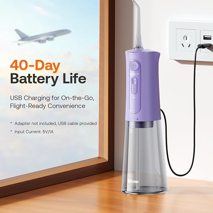 Bitvae Water Dental Flosser Teeth Pick, Portable Water Teeth Cleaner Picks, IPX7 Waterproof Oral Irrigator, 3 Modes 5 Intensities, USB Rechargeable Water Dental Picks for Cleaning - Lavender