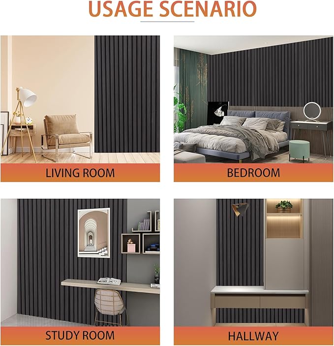 QDYMXUN Wood Slat Acoustic Wall Panels, 4-Pack 94.5'' x 7.9'' 3D Fluted Sound Absorbing Paneling for Interior Accent Wall Decor, Living Room (Matte Black)
