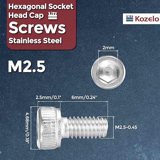 Kozelo 100pcs Socket Head Cap Screws - [M2.5-0.45 x 6mm] 304 Stainless Steel Allen Socket Drive for Electrical Motor 3D Printing Fan Engine Replacement Use, Silver