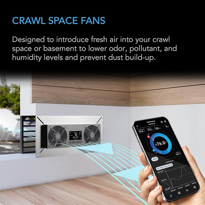 AC Infinity AIRTITAN T8-N, Crawlspace Basement Ventilator Fan, WiFi App-Compatible Temperature Humidity Controller, IP-55 Rated, Intake