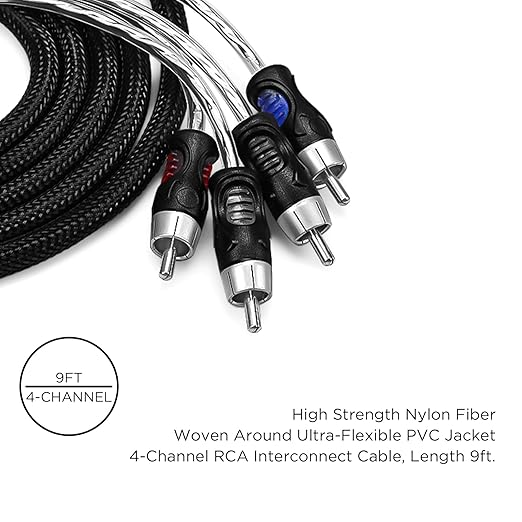 RECOIL PCI49 Premium 100% Oxygen Free Copper 9ft 4-Channel RCA Audio Interconnects Cable (4X RCA Male to 4X RCA Male) Double Shielded with Noise Reduction