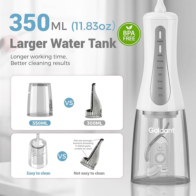 GOLDANT 350ML Water Flosser with Drainage & Storage Stand, Keeps Dry & Clean, 5 Modes, 360°Nozzle, Cordless Rechargeable, IPX7 Waterproof, Portable for Home & Travel (White)