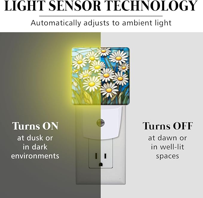 PODMemory Daisy Stained Glass Night Lights Plug into Wall for Room, Daisy Night Light LED for Bedroom
