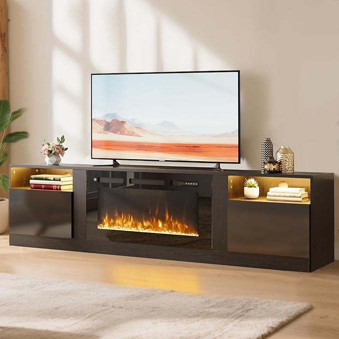 YISUFO 70" TV Stand with 36" Electric Fireplace, Large Modern Media Entertainment Center with Storage Cabinet and 12 Colors LED Lights for TVs Up to 80"