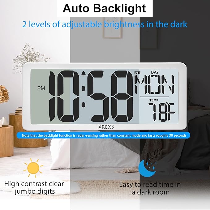 XREXS Digital Wall Clock with Backlight (Not Constantly Illuminated), 14.17 Inch Large Wall Clock with Remote Control, Count Down Timer, Battery Operated Digital Clock with Temperature, Date&Week