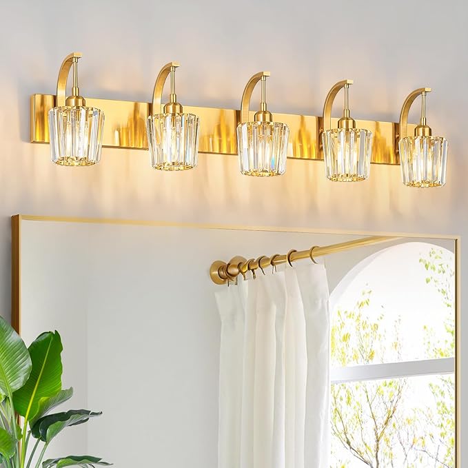 FDPBY Modern Bathroom Vanity Light, 5-Light Gold Wall Sconce with Crystal Accents, Over Mirror Bathroom Lighting Fixture, 42.52" Long Dimmable Vanity Lamp for Makeup, Easy Installation