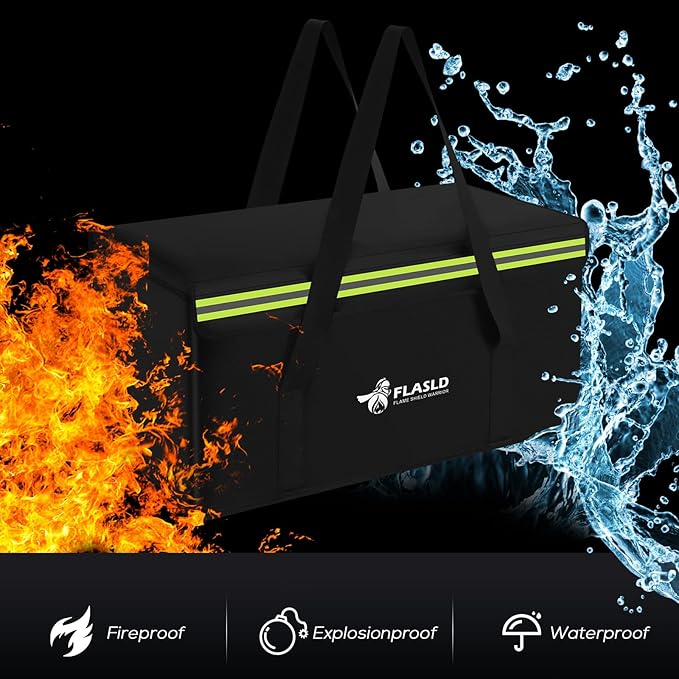 FLASLD Large Fireproof Lipo Bag for 200Ah Lithium Battery Storage and Charging, 22 x 9 x 9.5in E-bike Battery Bag Waterproof Box for Documents and Valuables
