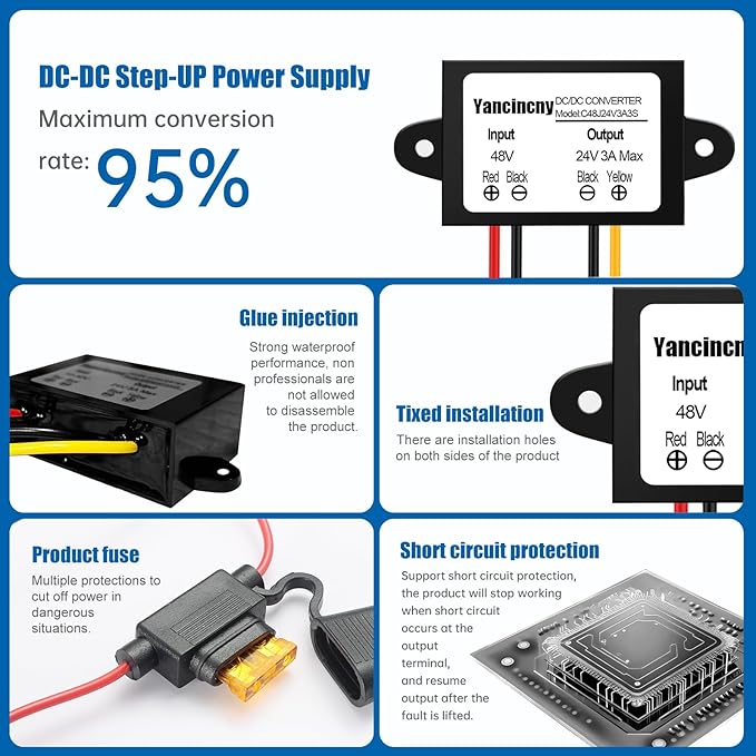 Yancincny 3A 72W 24V DC 48V Step Down to 24V Buck Transformer, 48V to 24-V Converter Regulator Power Supply Module Waterproof Voltage Converter with Fuse for Golf Cart/RVs/Monitoring System