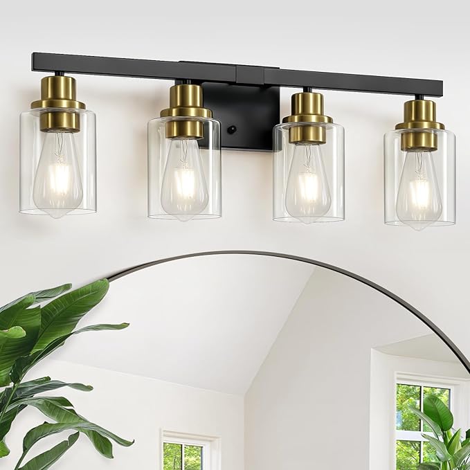 DIKAIDA Bathroom Vanity Light, 4-Light Black and Gold Bathroom Light Fixtures with Clear Glass Shade, Bathroom Lighting Fixtures Over Mirror,Bath Black Wall Lights for Mirror Bedroom,Living Room