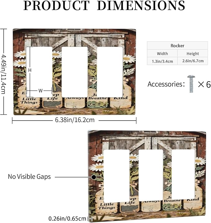 Bvtewkhz Rustic Daisy Barn Door Flowers 3 Gang Triple Rocker Decorative Light Switch Covers Electrical Faceplate Switch Plates for Bathroom Kitchen Home