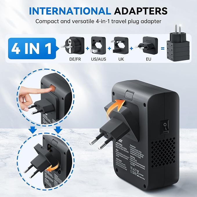 DOACE 220V to 110V Converter 350W Voltage Converter US to Europe for Hair Straightener/Curling Iron Converter for European Travel with 4-Port USB Charging and UK/AU/US/EU Worldwide Plug Adapter