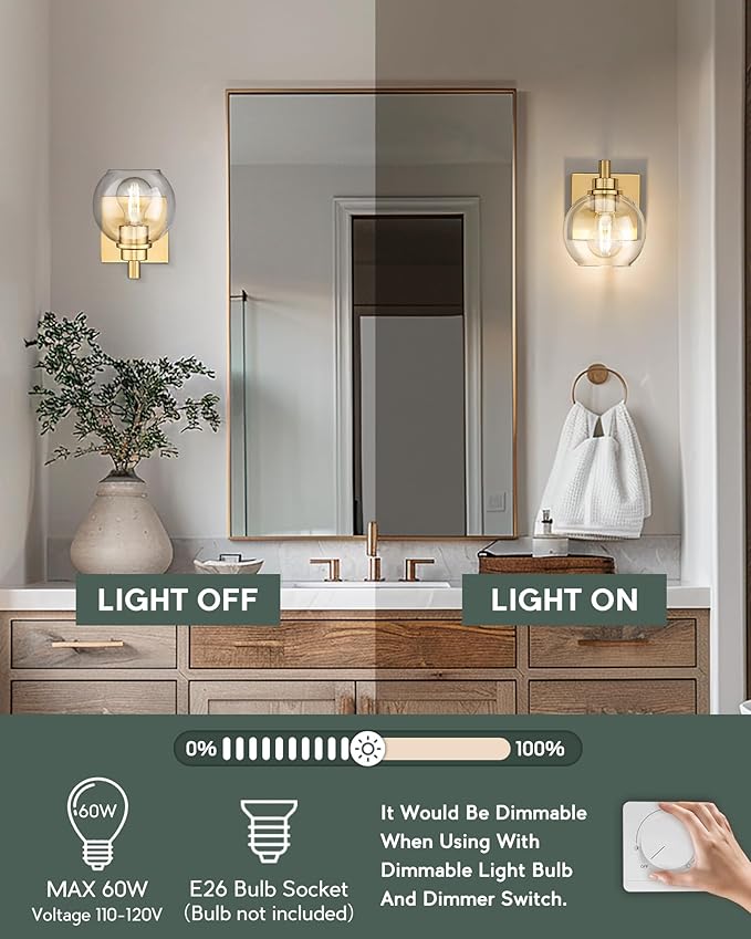 METWET Wall Sconces Set of 2, 1-Light Brushed Gold Sconces Wall Lighting with Globe Clear Glass Shade, Modern Bathroom Vanity Light Fixtures for Mirror Bedroom Living Room, VL195-BG-CL-1-2PK