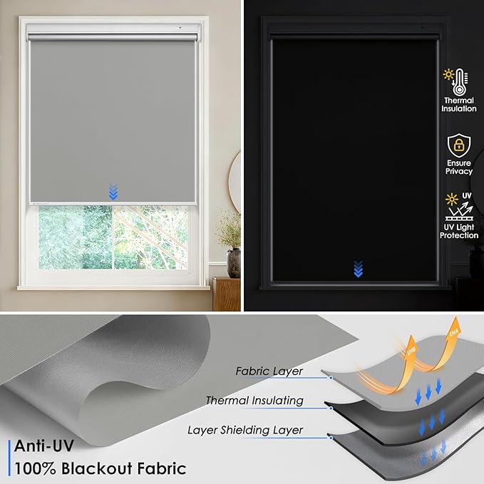 Motorized Roller Blinds with Remote Control & Solar Panel - 100% Blackout Smart Blinds, Automatic, Cordless, Electric Shades - Compatible with Alexa - Grey, 34½" W x 72" H