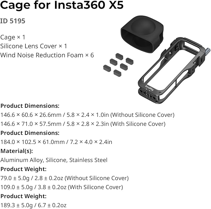 SMALLRIG Cage for Insta360 X5 Accessories, Aluminum Alloy Protective Case for Insta360 x5 with Quick Release, Built-in Cold Shoe Mounts & 1/4" Threads, with Silicone Lens Guard Cap - 5195