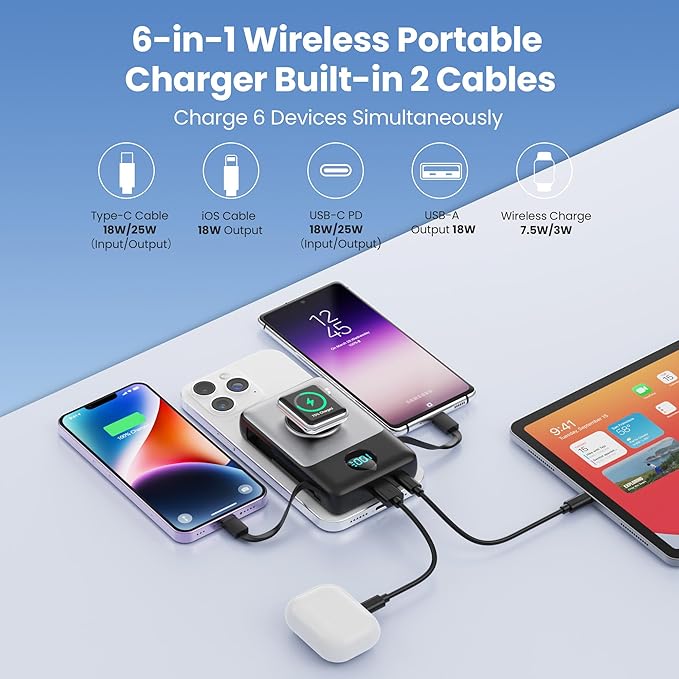 6 in 1 Magnetic Portable Charger for iPhone with Built-in Cables, 10800mAh 25W PD Fast Charging Power Bank, 6 Outputs LCD Display Travel Essential Battery Pack for iPhone 17/16/15/14/13/12,Apple Watch