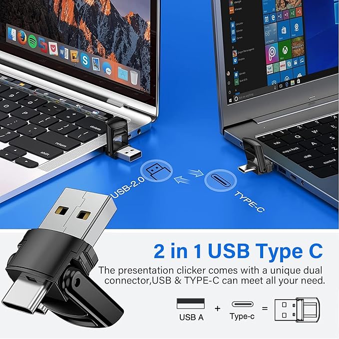 2-in-1 USB Type C Presentation Clicker, Clicker for PowerPoint Presentations, Rechargeable Wireless Presenter Remote, Pointer RF 2.4GHz USB PowerPoint Clicker Slide Advancer with Volume Control