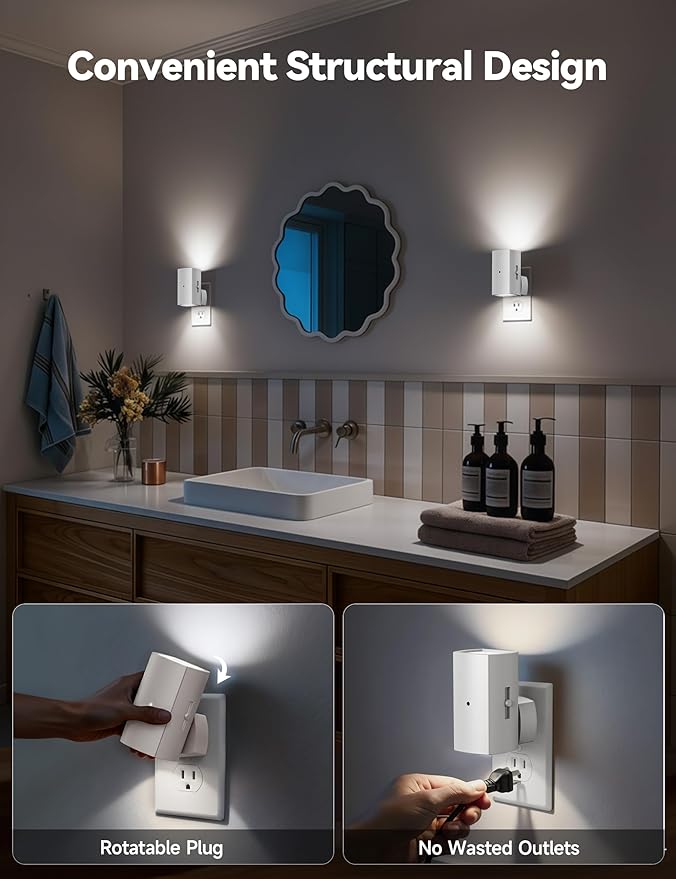 Brightown 2 Pack White Night Lights Plug into Wall, Modern Night Light with Rotating Plug, Dusk to Dawn Sensor, 0-100LM Stepless Dimming Aora Night Light for Hallway Bedroom Bathroom, Pure White