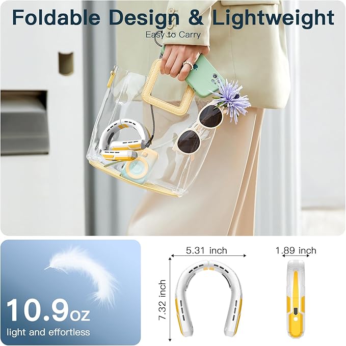 WXX Portable Neck Fan, 6000mAh Battery Neck Fan Rechargeable, 360° Cooling Personal Fan, 3 Speeds Foldable Quiet Wearable Fan for Travel Outdoor Indoor, Birthday Gifts for Men Women-White&Yellow