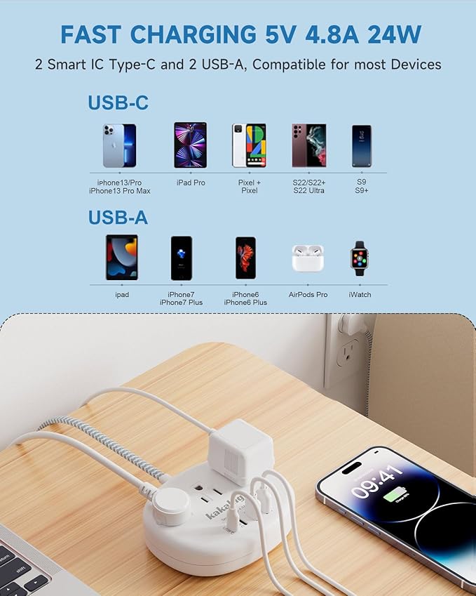 Small Extension Cord - Braided Extension Cord 10 Feet, 13 Amp (1625W) Power Strip with 3 AC Outlet 4 USB (24W/4.8A), College Dorm Room Essentials, White