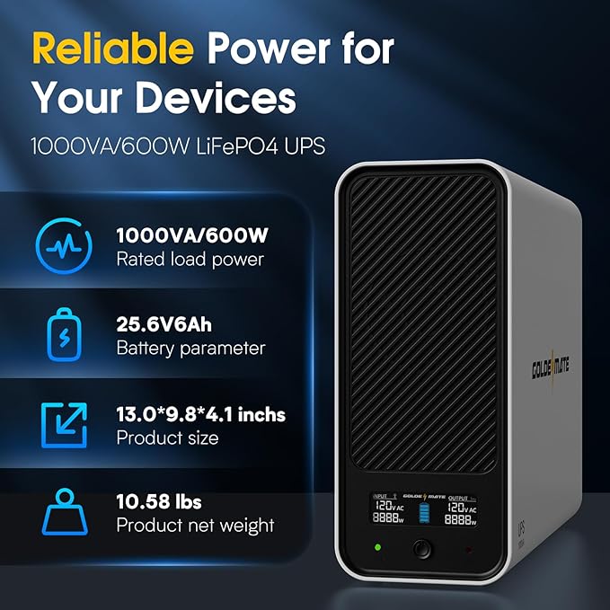 GOLDENMATE 1000VA/600W Lithium UPS Battery Backup and Surge Protector, Backup Battery Power Supply with LiFePO4 Batteries(153.6 Wh), Sinewave UPS System, 10 Years Lifespan, 8-Outlets, LCD Display