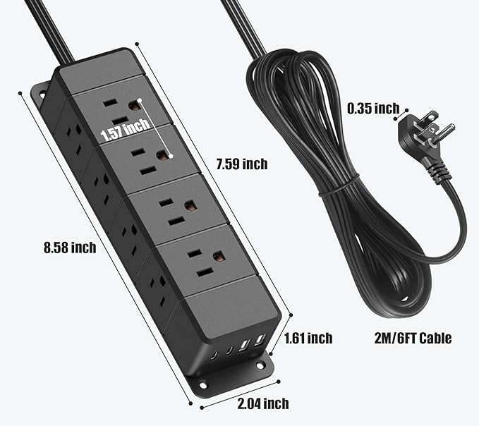 45W USB-C Fast Charging Under Desk Power Strip,12 Outlet Mountable Power Strip with 4 USB,1200J Surge Protection,10FT Flat Extension Cord Black
