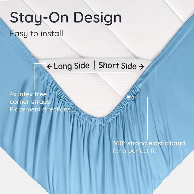 Bambaw 100% Viscose Derived from Bamboo Queen Fitted Sheet with Corner Straps, Cooling Fitted Sheets Queen Size, 16’’ Deep Pocket Soft Fitted Sheet, Queen Bed Fitted Sheet Only (Dream Blue)