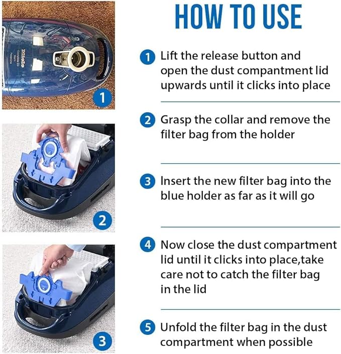 Compatible With Miele 10123210 Dust Bag, Type GN, 8 Bags & 2 Filters, White