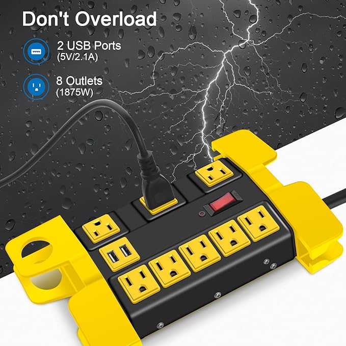 CCCEI Heavy Duty Power Strip with USB, Workshop 8 Outlet Surge Protector 2700 Joules, Industrial Metal 15Amp Power Strip, 20 FT Extension Cord and Wide Spaced Black.