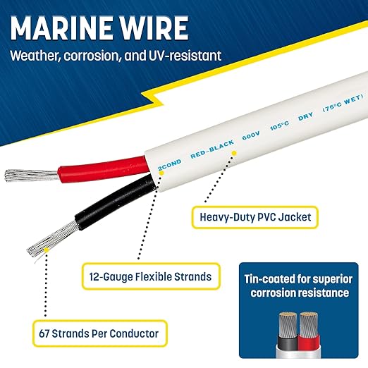 GS Power 50 Ft Duplex Marine Wire, 12 Gauge Wire, Oxygen-Free Tinned Copper 12 AWG Electrical Boat Wiring, Sheathed Copper Marine Grade Electrical Cable for Boat Automotive RV Camper Trailer