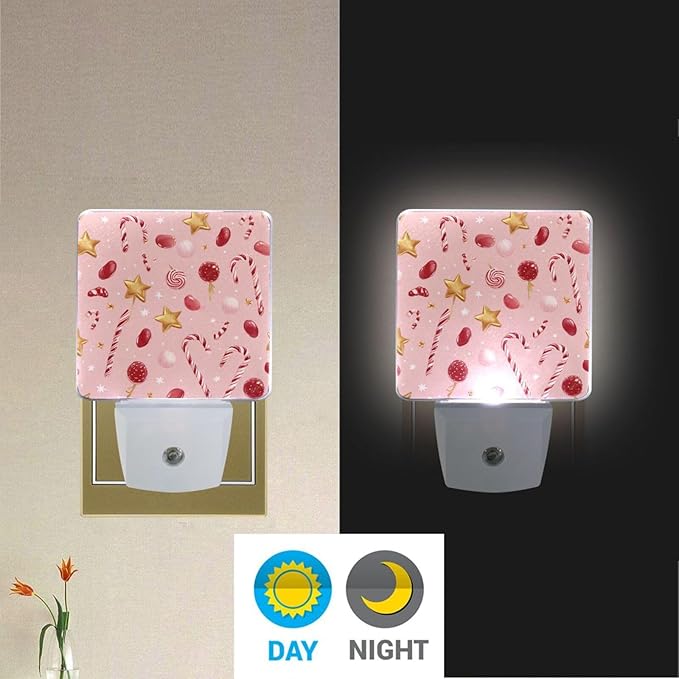 Pigsaly Led Night Light Gold Star Christmas Red White Candy Cane Lollipops Night Light Plug in Wall Lamp Smart Dusk to Dawn Sensor Nightlight Led Lamp Energy Saving Lights Gift for Kids Room Bedroom
